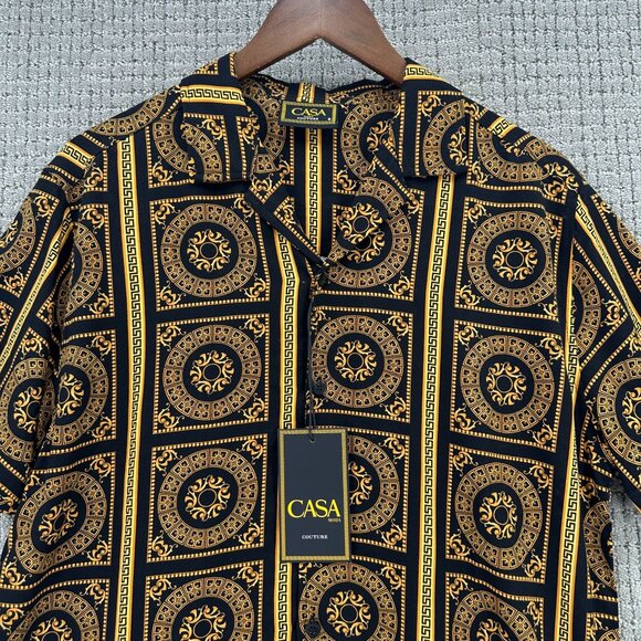 Casa Moda Couture Shirt Mens Size S Black Mustard Button Down Greek Pattern - Picture 3 of 9